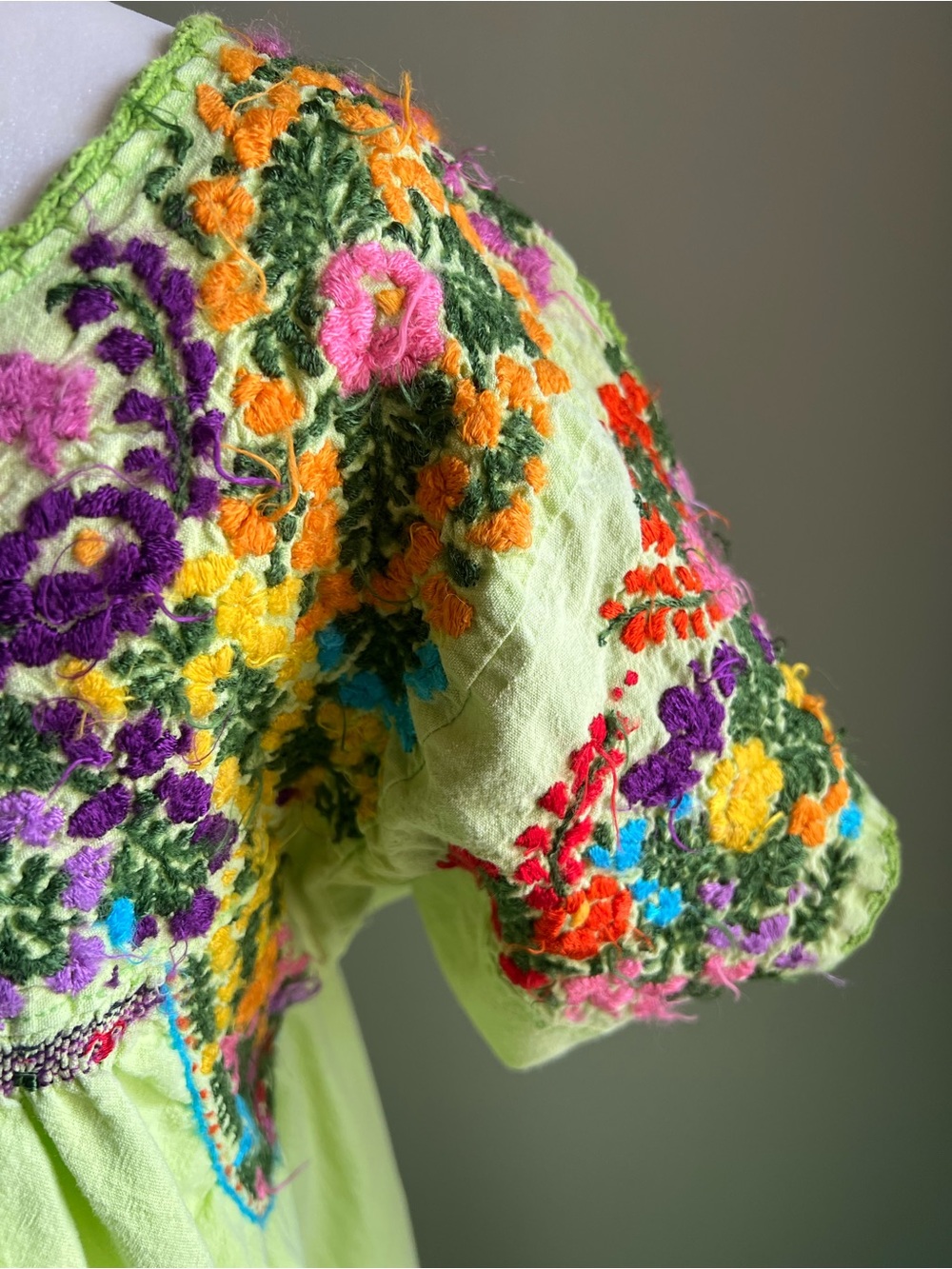 Hand-Embroidered Lime Green Midi Dress with Floral Yoke M Cottage Core Boho - Picture 6 of 11